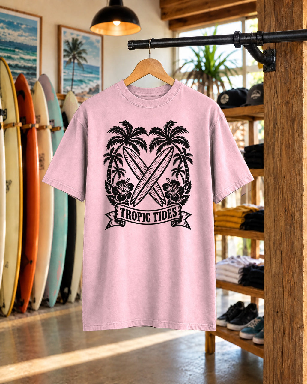 Tropic Tides Surf Shirt | Woodcut Crossed Boards Tee | Comfort Colors T-Shirt