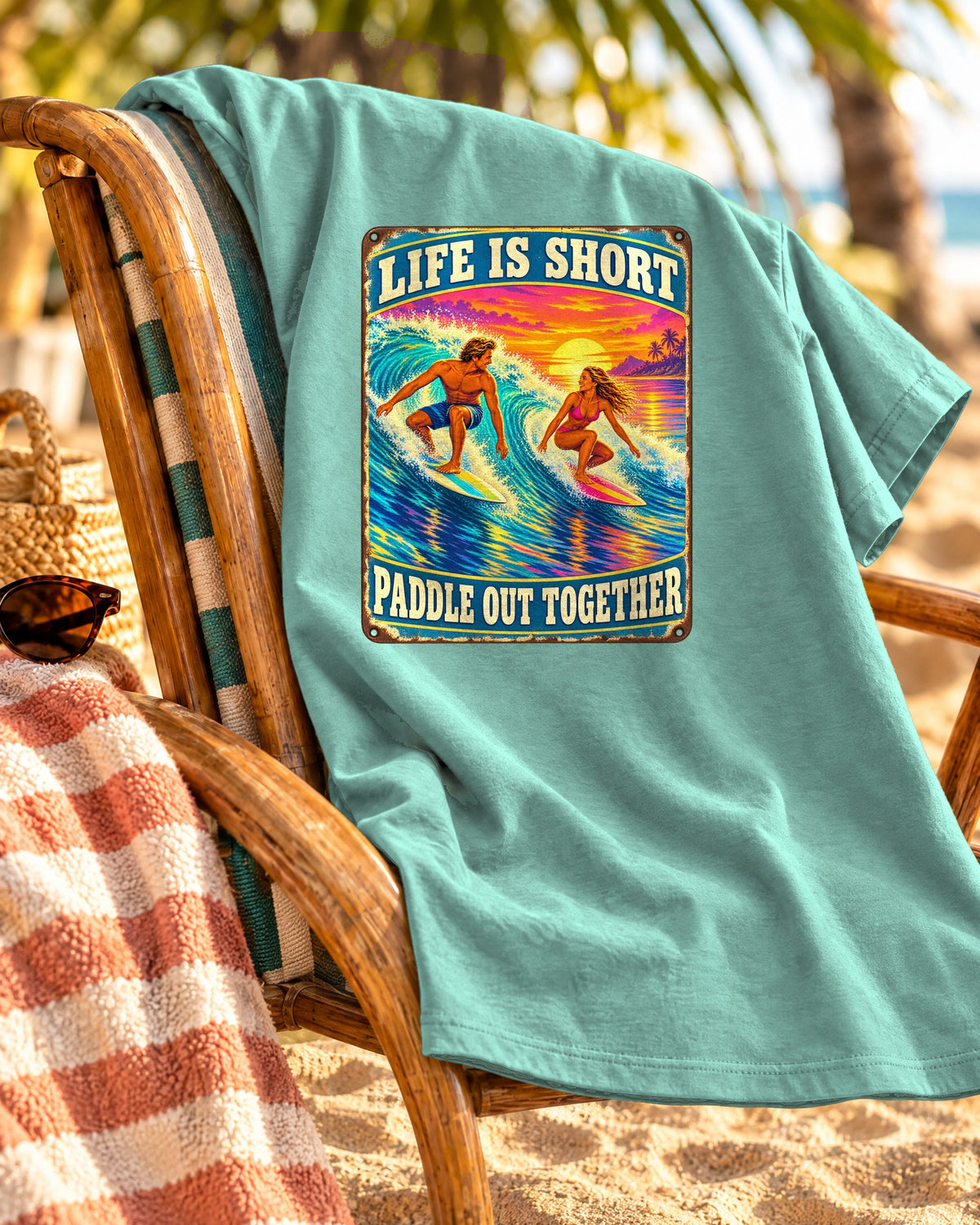 Life Is Short Paddle Out Together Tee | Surf Couple Tin Sign Shirt | Retro Sunset Wave T-Shirt | Comfort Colors