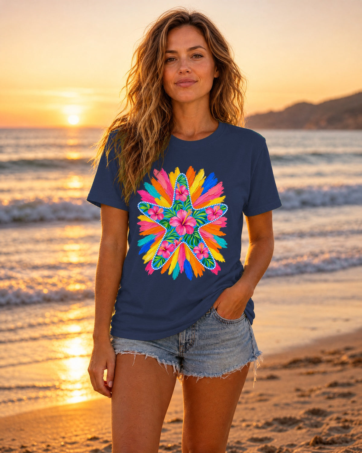 Floral Starfish Shirt | Hibiscus Sunburst Beach Tee | Comfort Colors T-Shirt
