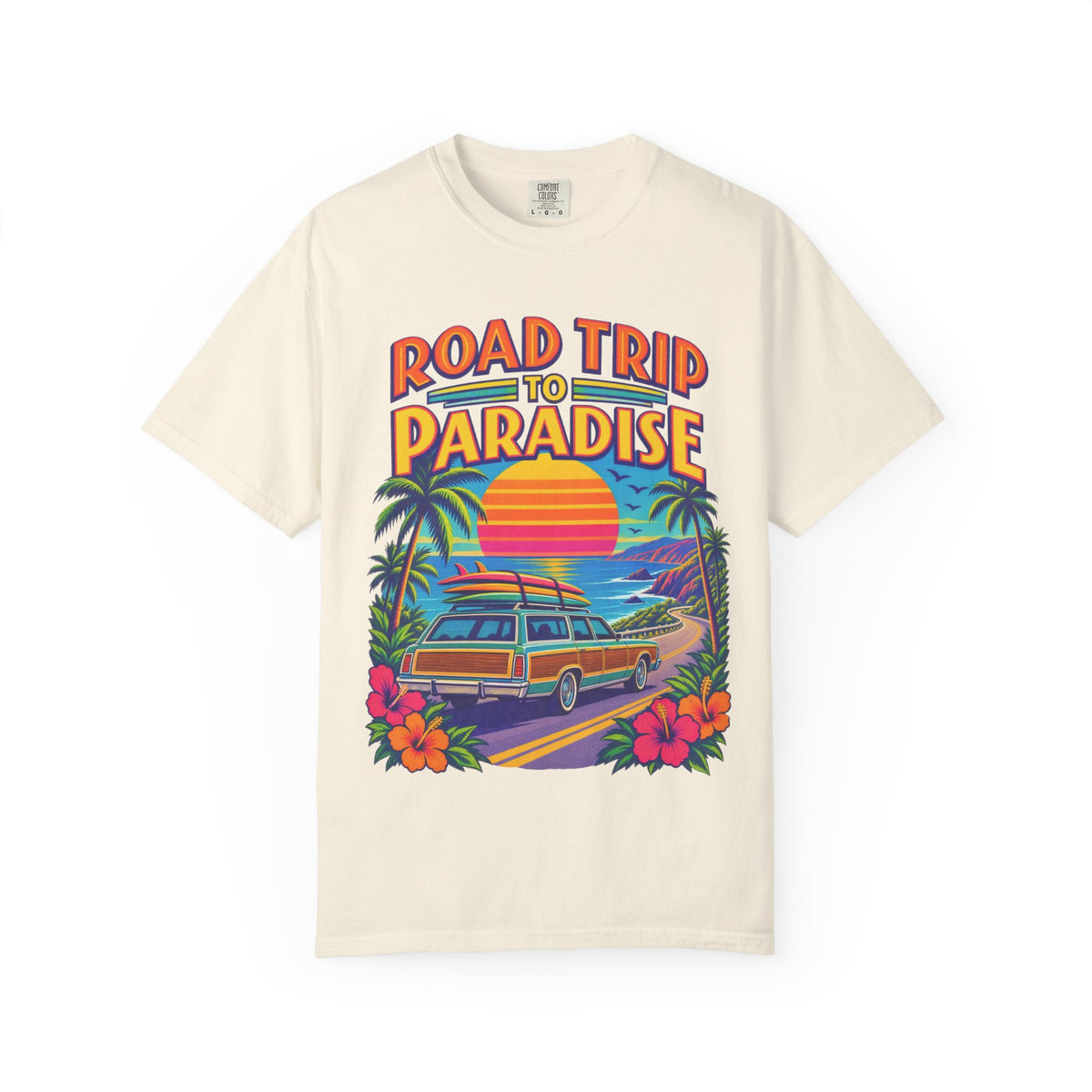 Road Trip To Paradise Tee | Retro Woodie Wagon Surf Shirt | Vintage Travel Poster T-Shirt | Comfort Colors