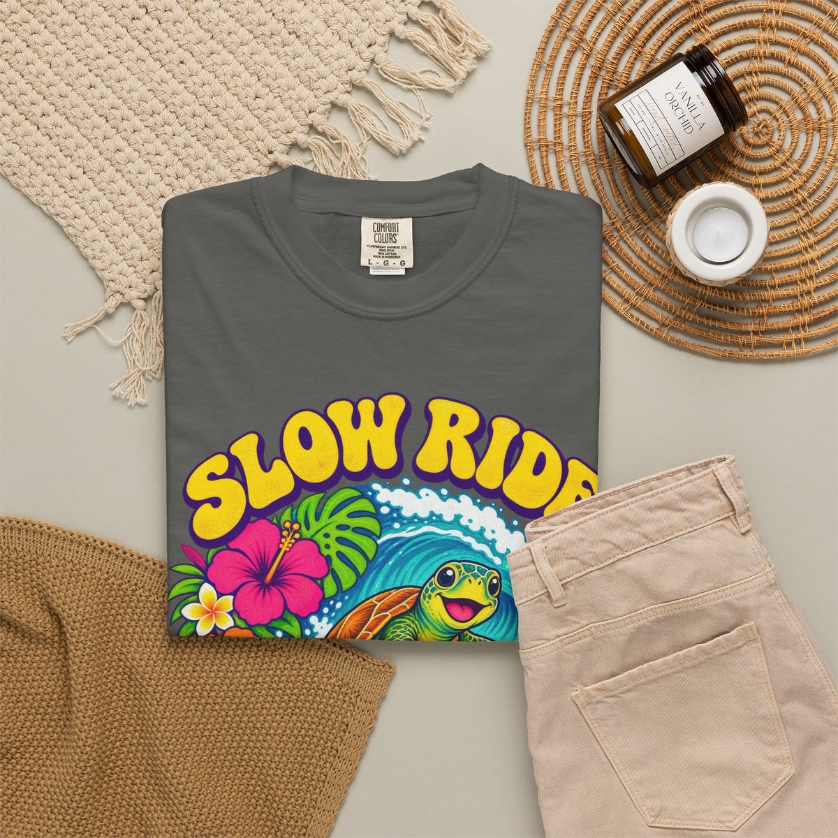 Slow Ride Good Tide Tee | Sea Turtle Surf Shirt | Groovy 70s Beach T-Shirt | Comfort Colors
