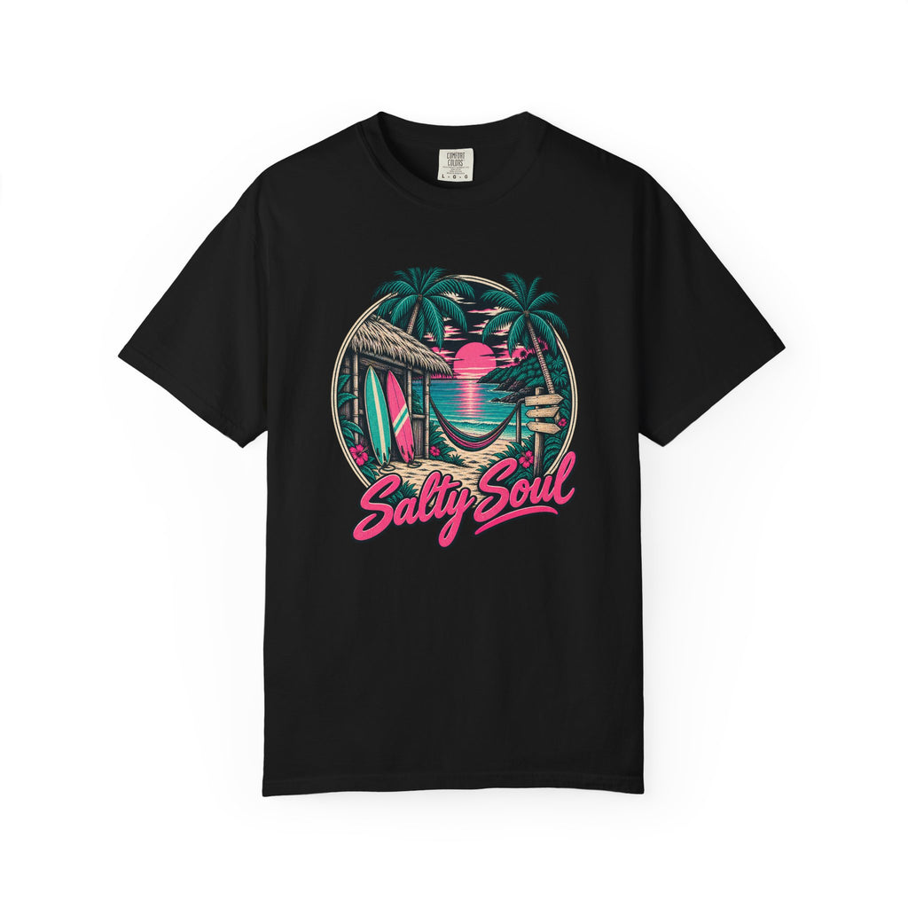 Salty Soul Sunset Bay Tee | Tropical Beach Hut Shirt | Retro Island T-Shirt | Comfort Colors Gift