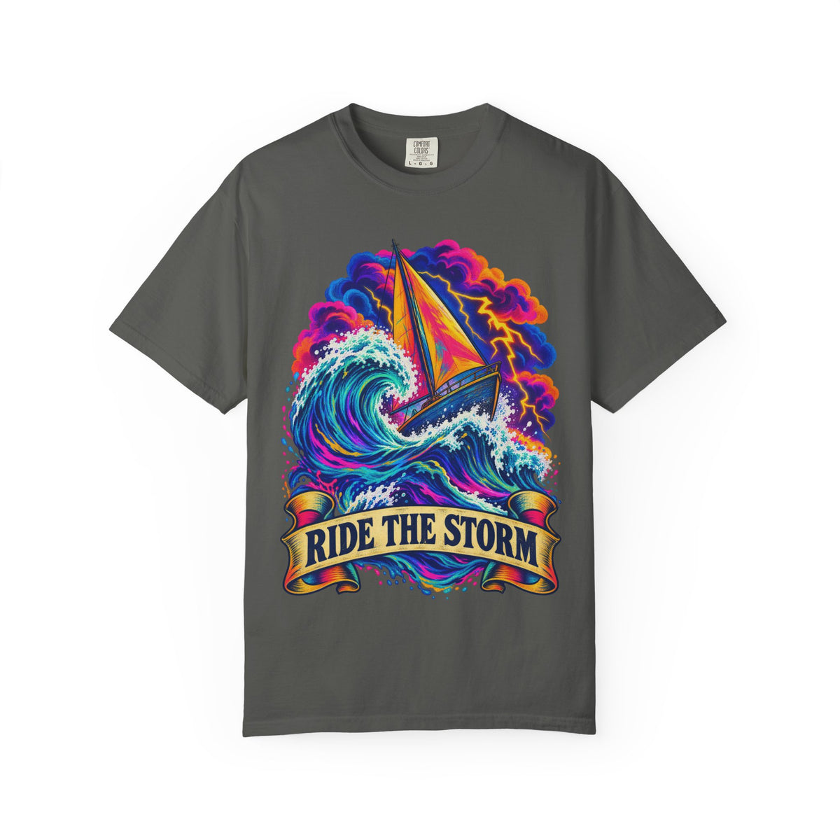 Ride The Storm Tee | Sailboat Big Wave Shirt | Bold Ocean Art T-Shirt | Comfort Colors