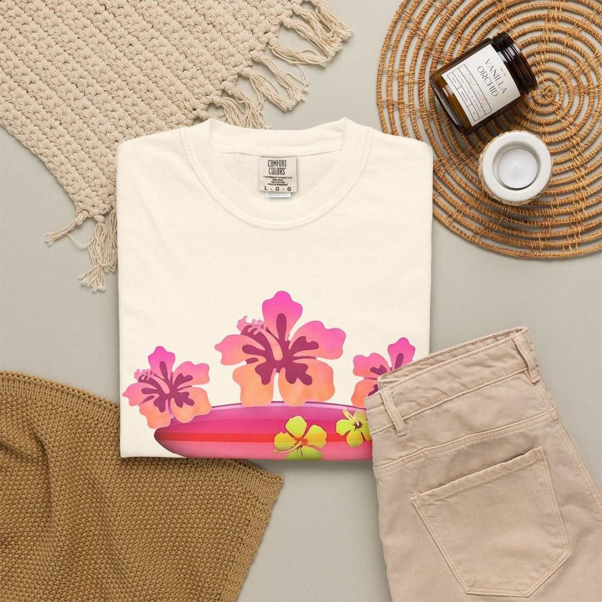 Hibiscus Surfboard Tee | Pink Hibiscus Surf Shirt | Tropical Surfer Girl T-Shirt | Comfort Colors