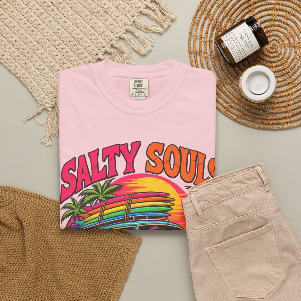 Salty Souls Never Sleep Tee | Skeleton Surf Van Shirt | Funny Retro Surf T-Shirt | Comfort Colors