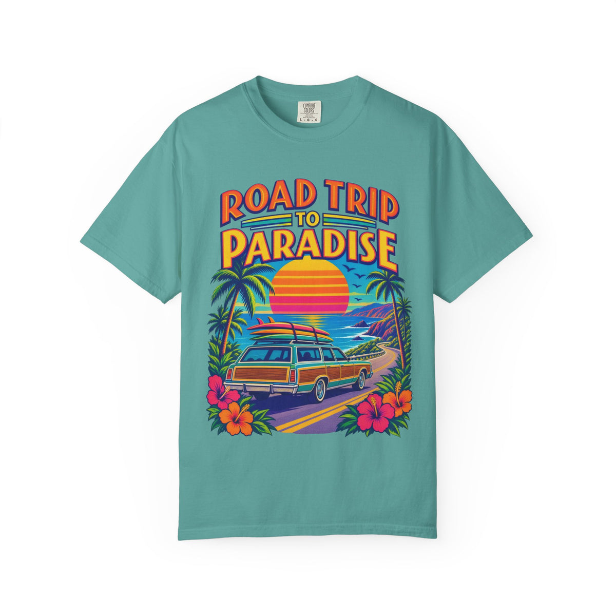 Road Trip To Paradise Tee | Retro Woodie Wagon Surf Shirt | Vintage Travel Poster T-Shirt | Comfort Colors