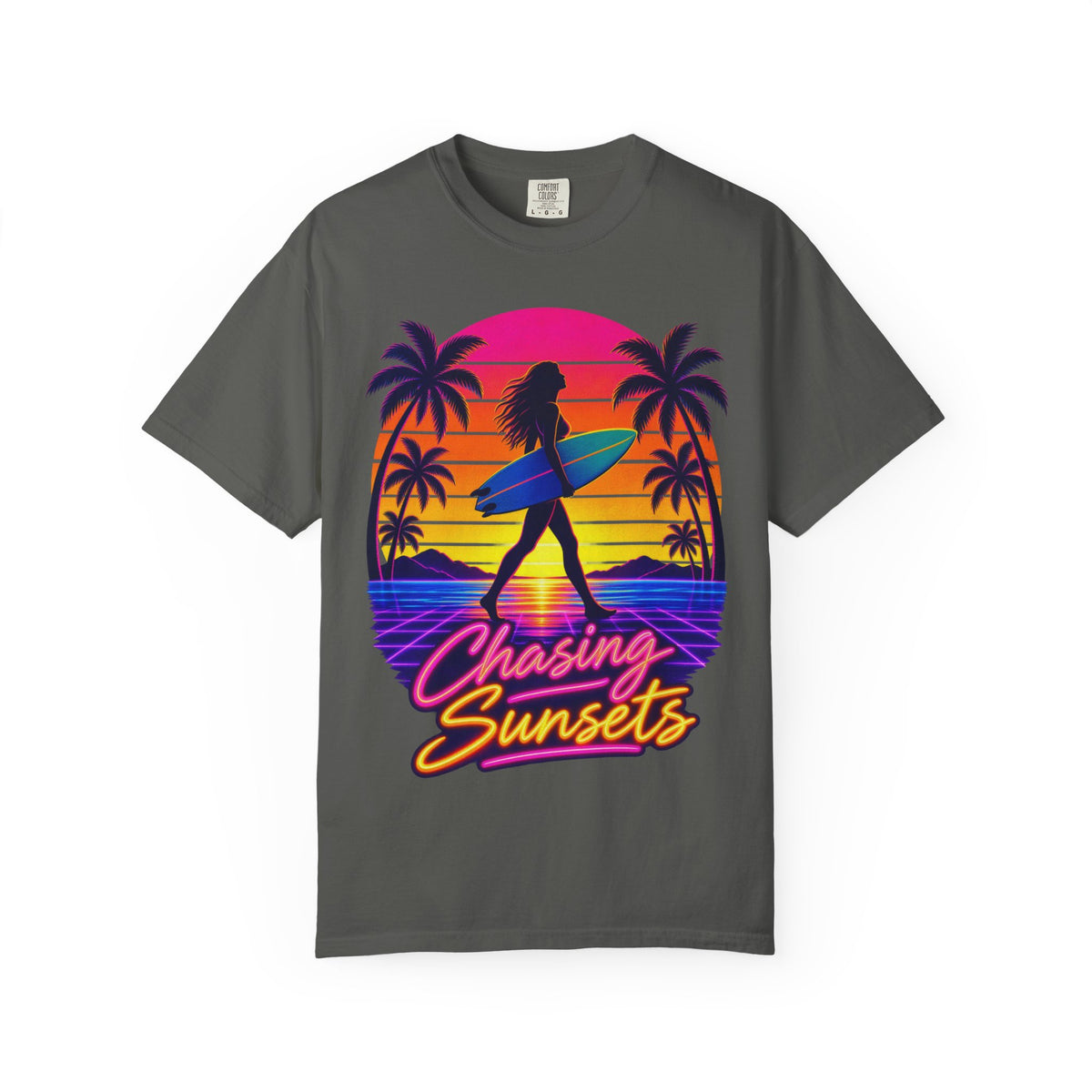Chasing Sunsets Tee | Synthwave Sunset Surf Girl Shirt | Retro Palm T-Shirt | Comfort Colors