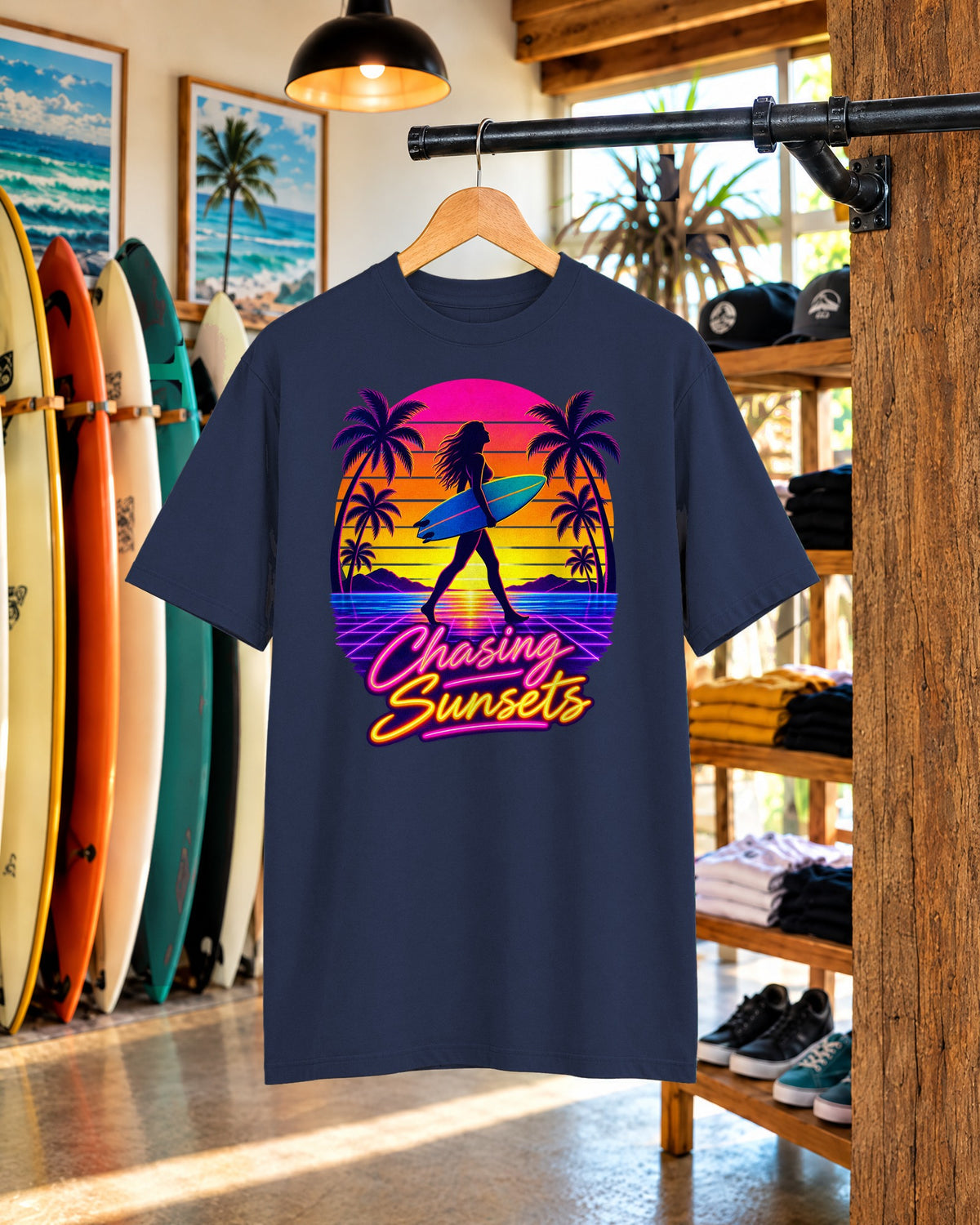 Chasing Sunsets Tee | Synthwave Sunset Surf Girl Shirt | Retro Palm T-Shirt | Comfort Colors