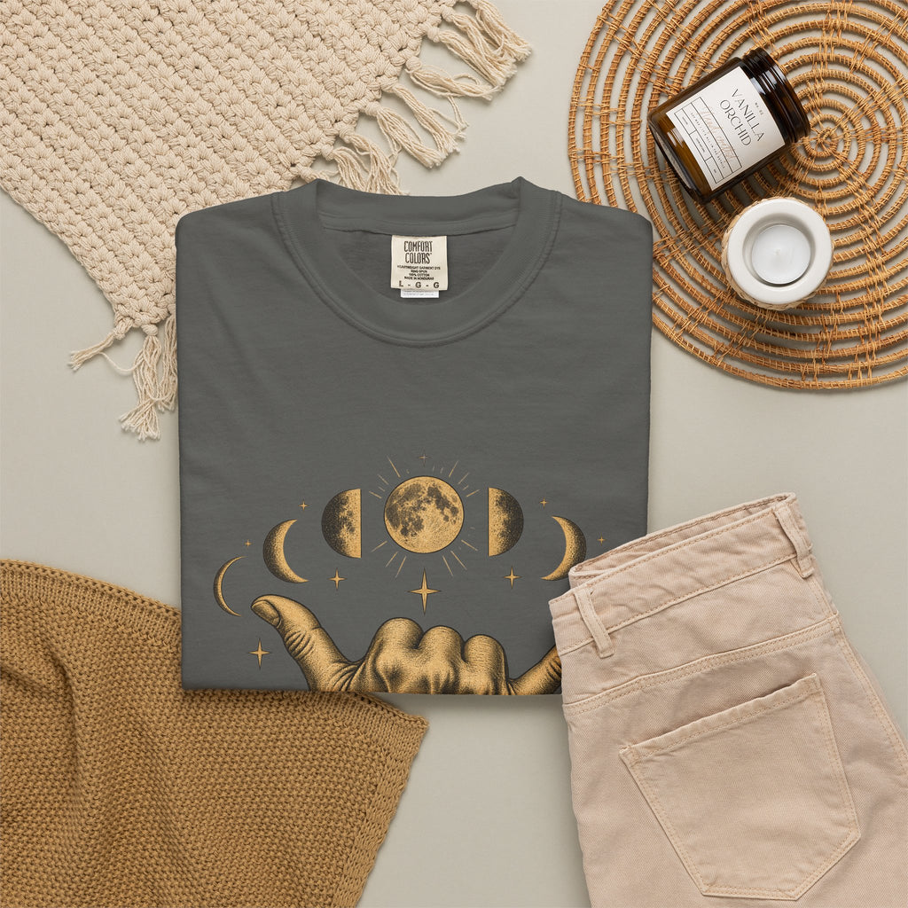 Shaka Moon Phases Shirt | Celestial Shaka Hand Tee | Comfort Colors T-Shirt