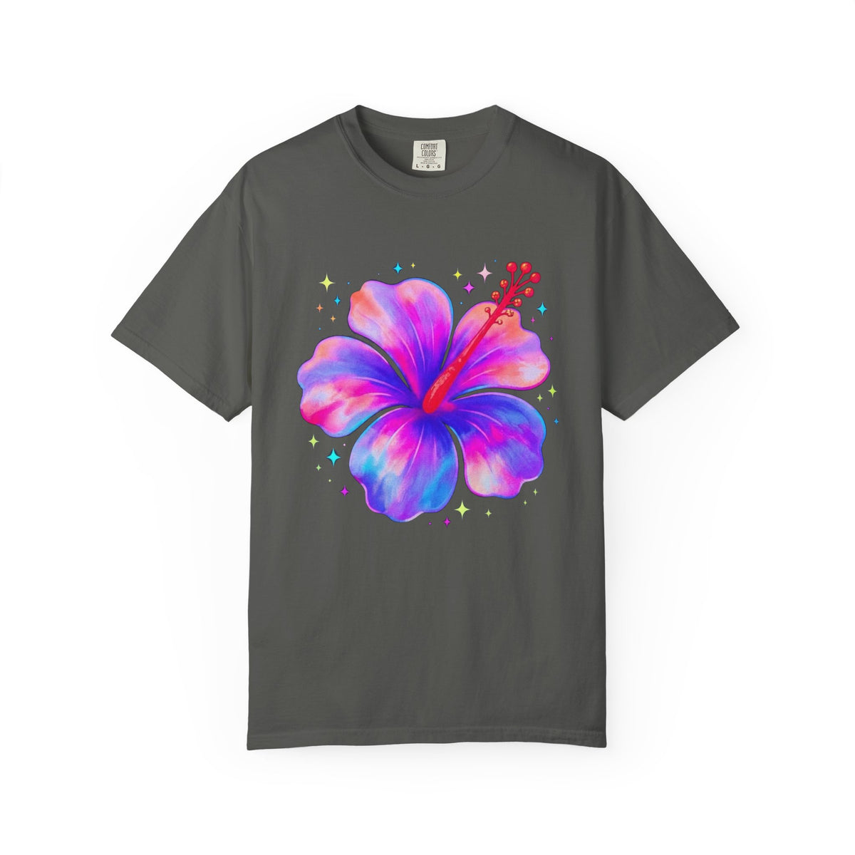 Tie Dye Hibiscus Tee | Neon Tropical Flower Shirt | Sparkly Hibiscus Graphic T-Shirt | Comfort Colors