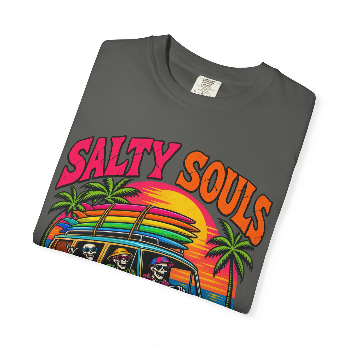 Salty Souls Never Sleep Tee | Skeleton Surf Van Shirt | Funny Retro Surf T-Shirt | Comfort Colors