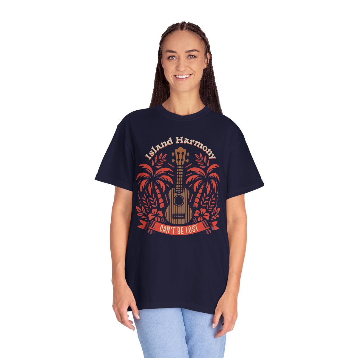 Island Harmony Guitar Tee | Can't Be Lost palm tree ukulele design