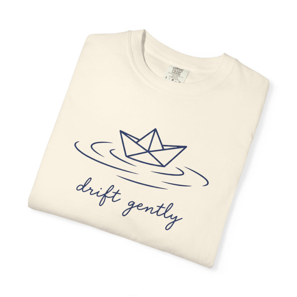 Drift Gently Tee | Paper Boat Minimalist Shirt | Calm Mindful T-Shirt | Comfort Colors Butter
