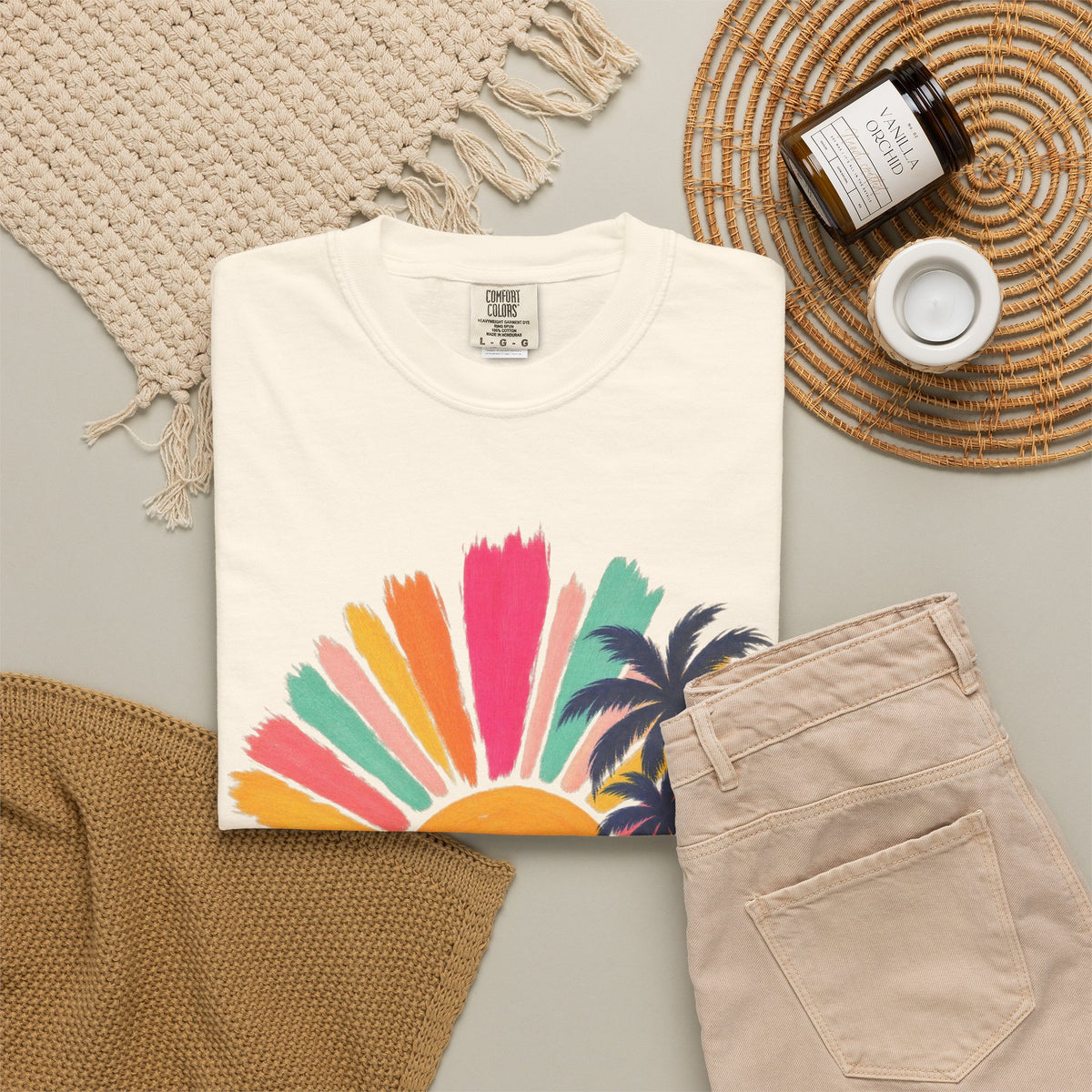 Pastel Sunrise Palm Shirt | Retro Sun Rays Beach Tee | Comfort Colors T-Shirt