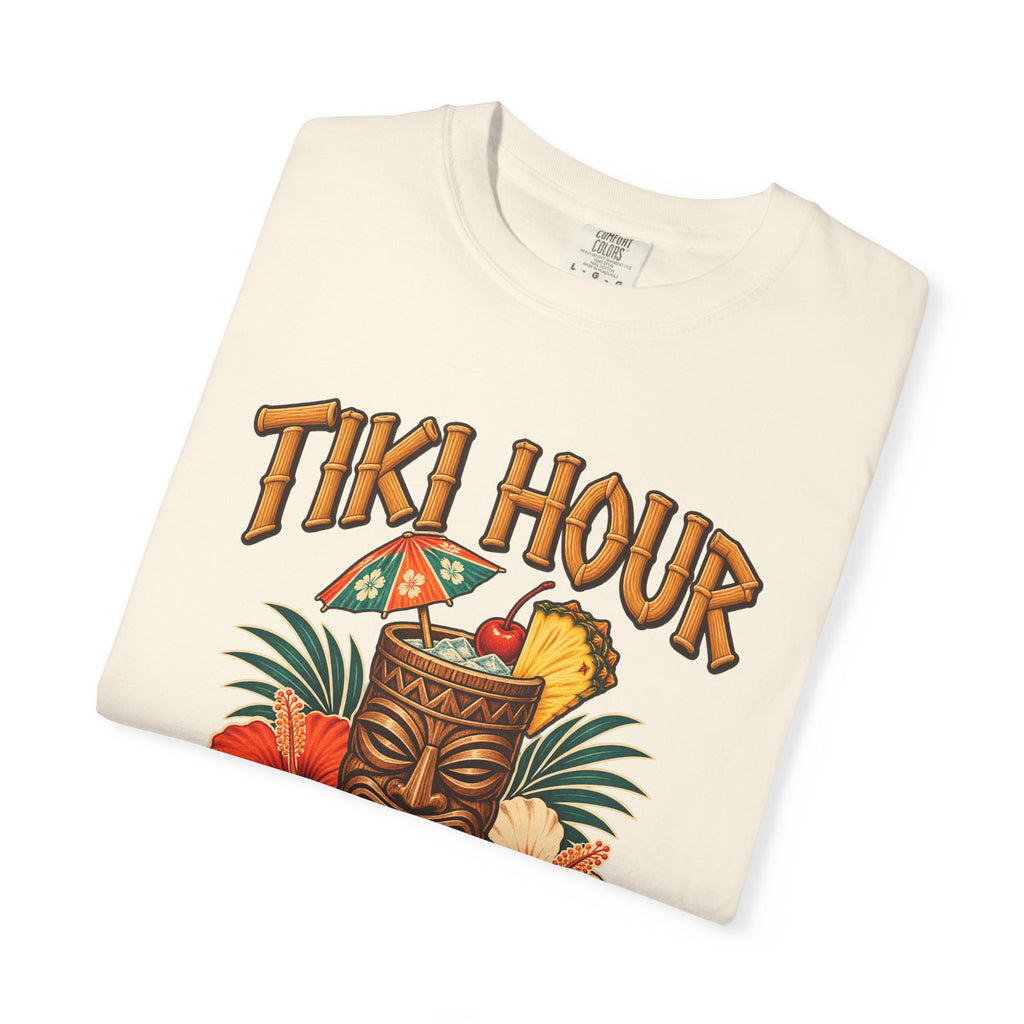 Tiki Hour Never Ends Tee | Tiki Bar Cocktail Shirt | Tropical Hawaiian T-Shirt | Comfort Colors Blue Jean