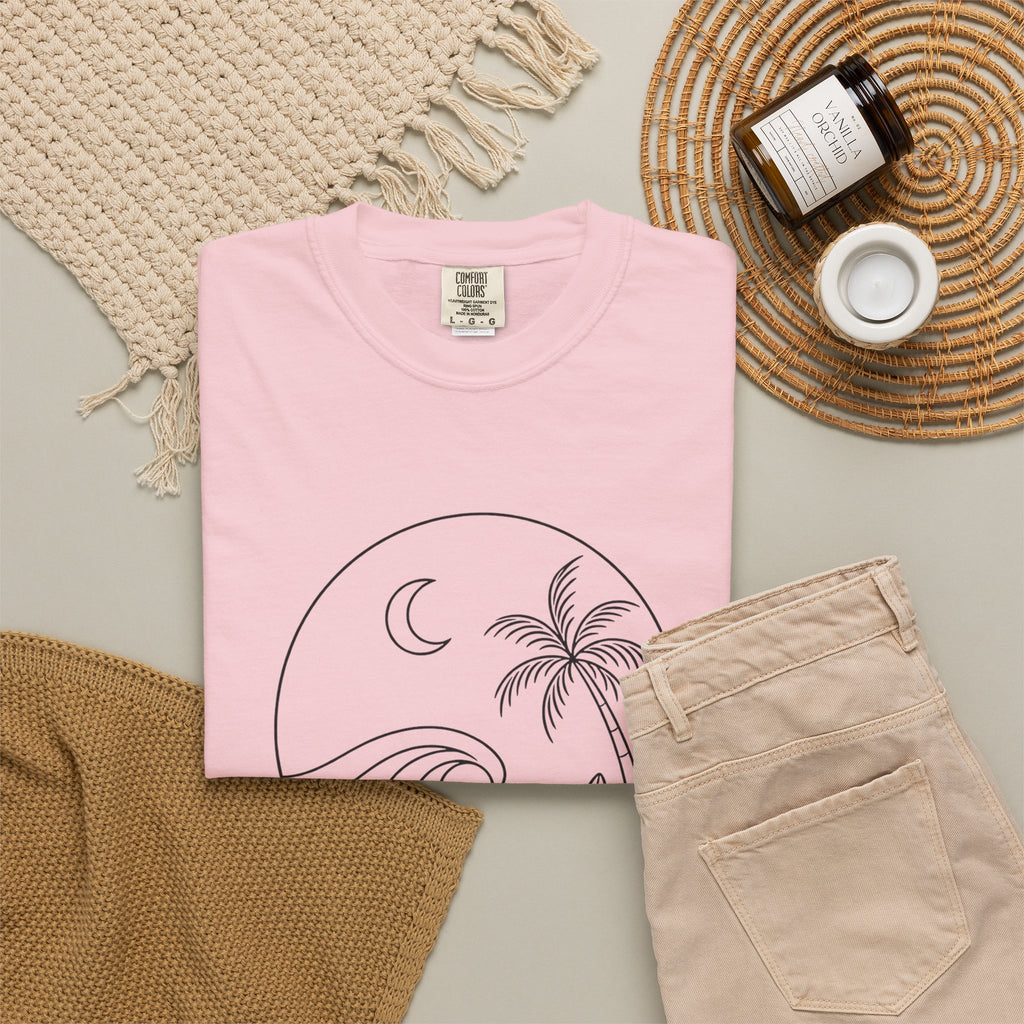 Moonlit Surf Line Art T-Shirt | Palm Tree Wave Circle Design