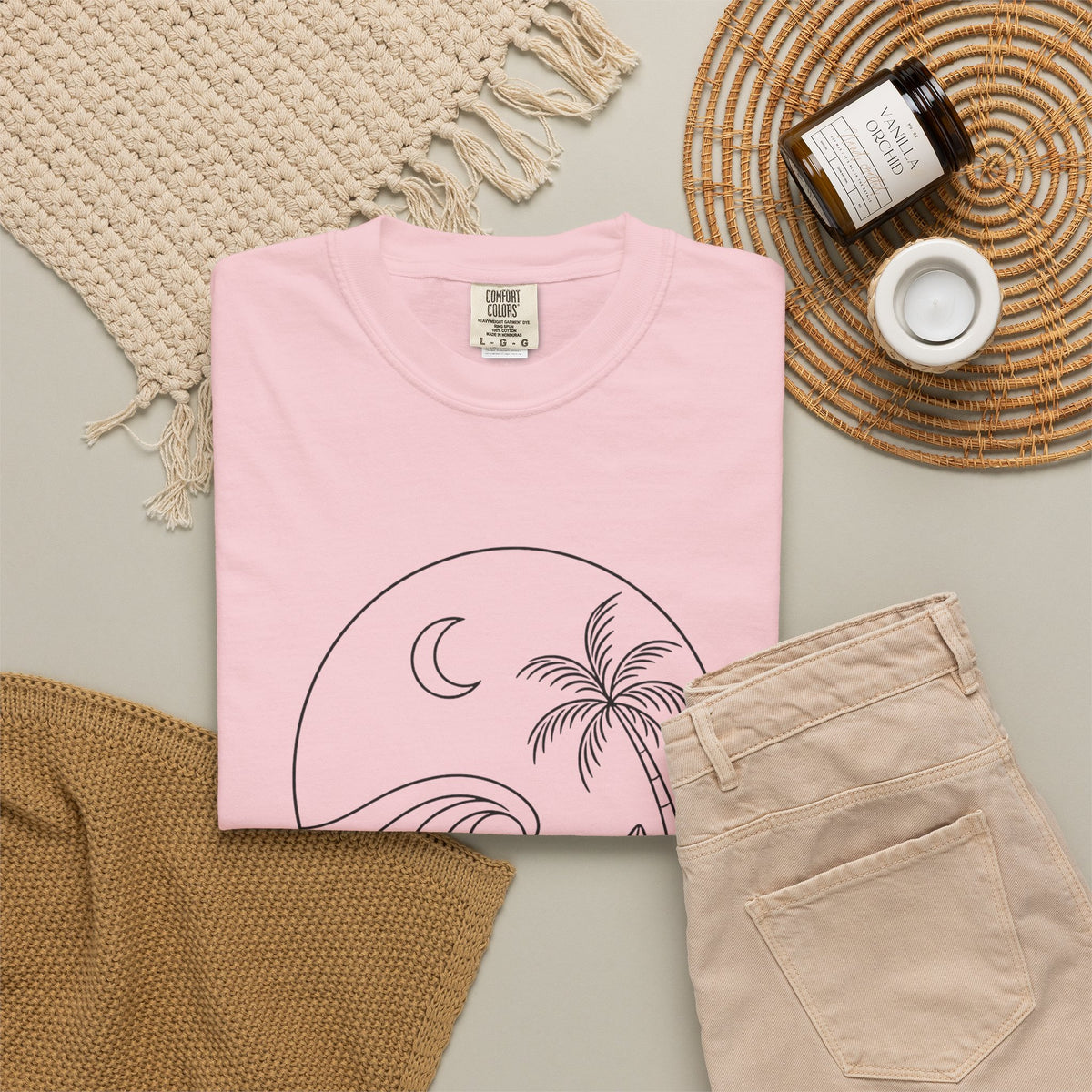 Moonlit Surf Line Art T-Shirt | Palm Tree Wave Circle Design