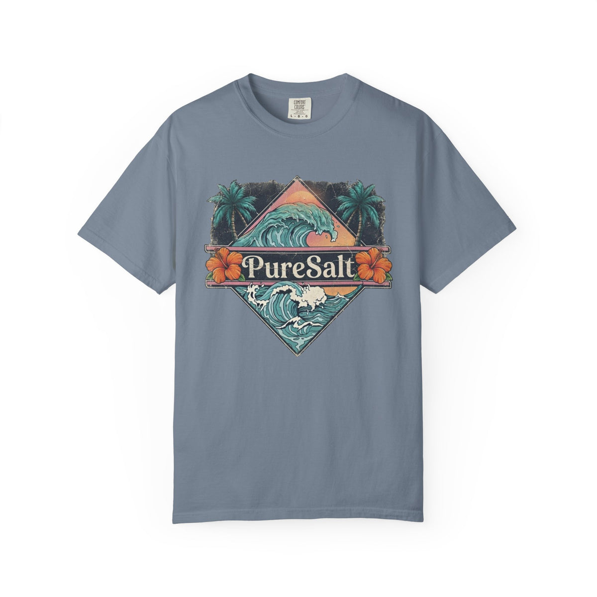 PureSalt Wave Badge Tee | Vintage Surf Wave Shirt | Retro Palm Tree Beach T-Shirt | Comfort Colors