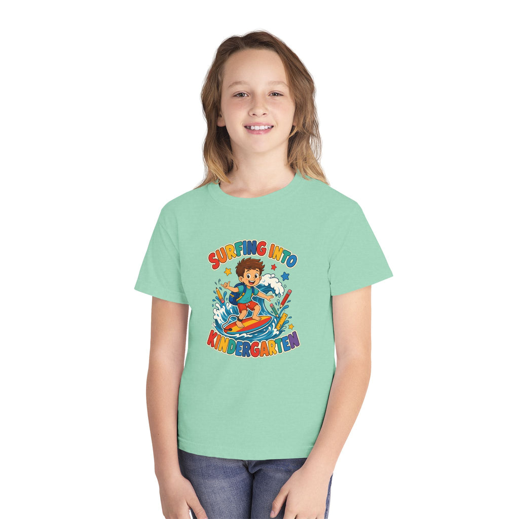 Surfing Into Kindergarten Kids Tee | Kindergarten Surf Shirt | Youth Beach T-Shirt | Surf Kid Gift
