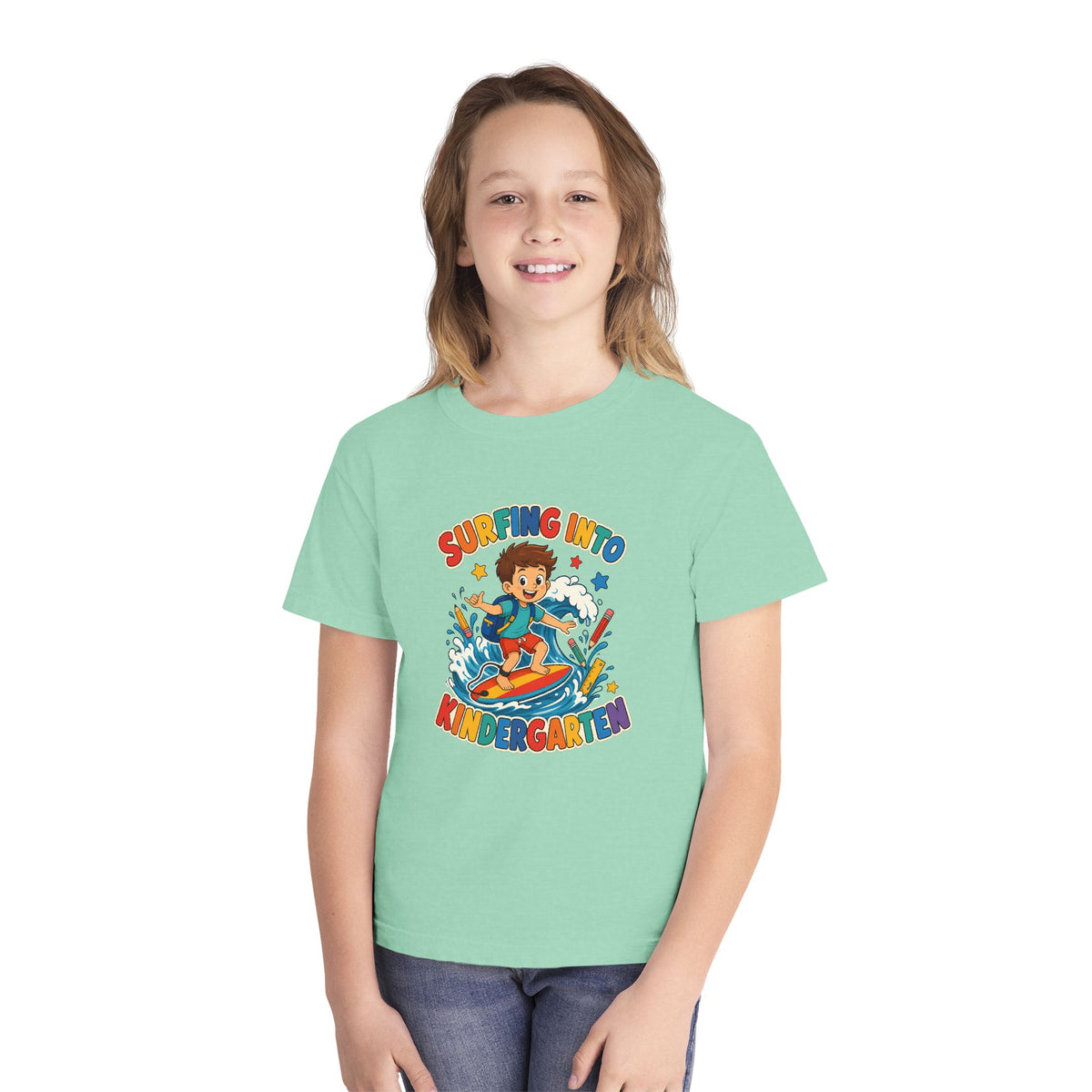 Surfing Into Kindergarten Kids Tee | Kindergarten Surf Shirt | Youth Beach T-Shirt | Surf Kid Gift