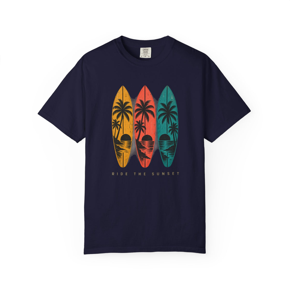 Ride The Sunset Tee | Retro Surfboard Palm Shirt | Vintage Surf T-Shirt | Comfort Colors Gift