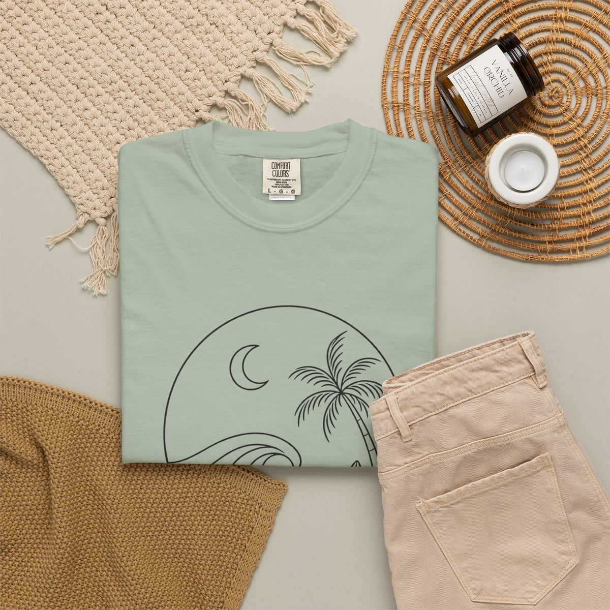 Moonlit Surf Line Art T-Shirt | Palm Tree Wave Circle Design