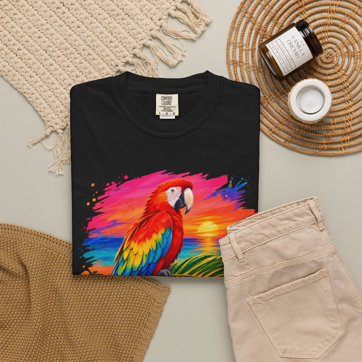 Macaw Parrot Sunset Shirt | Tropical Bird Hibiscus Tee | Comfort Colors T-Shirt