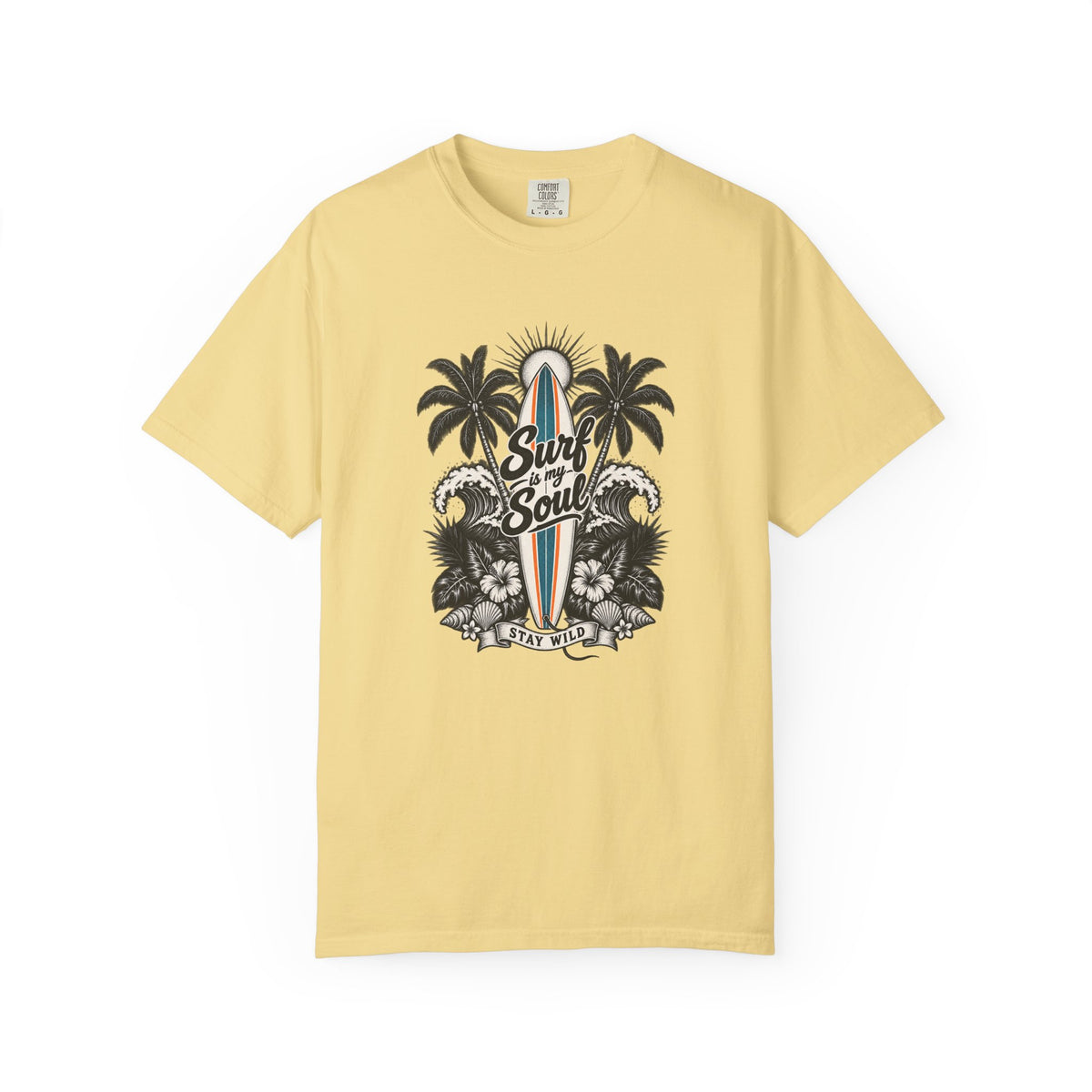 Surf Is My Soul Tee | Black & White Line Art Surf Shirt | Tropical Surfboard T-Shirt | Comfort Colors Gift