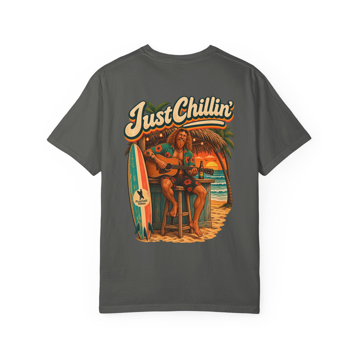 Just Chillin' Surf T-Shirt — Retro Beach Vibes with Guitarist Graphic
