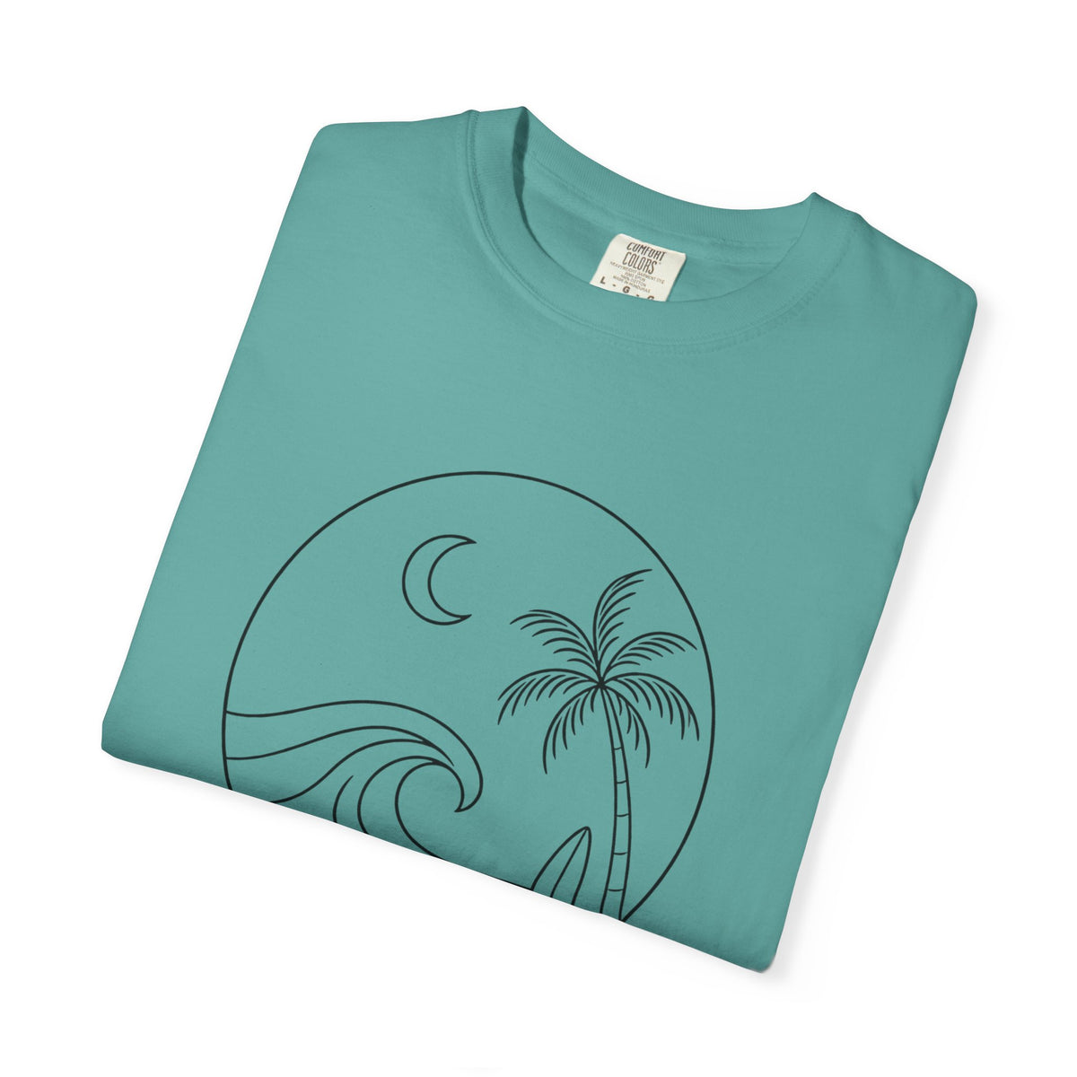 Moonlit Surf Line Art T-Shirt | Palm Tree Wave Circle Design