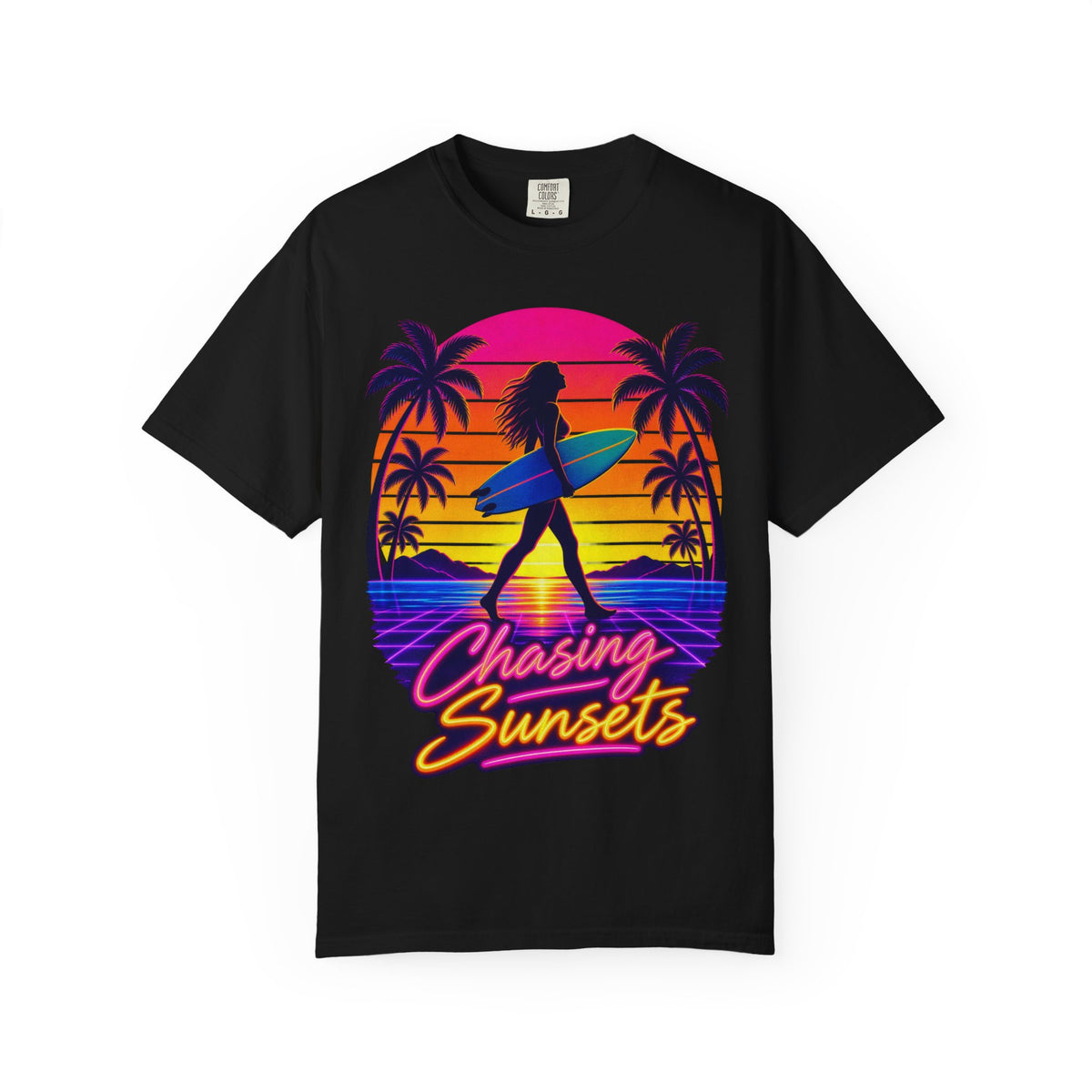Chasing Sunsets Tee | Synthwave Sunset Surf Girl Shirt | Retro Palm T-Shirt | Comfort Colors
