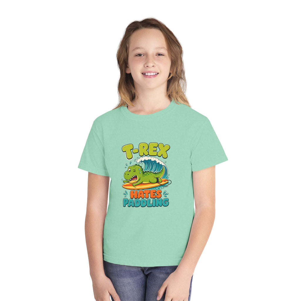 T-Rex Hates Paddling Kids Tee | Funny Dinosaur Kids Shirt | Youth Beach T-Shirt | Surf Kid Gift