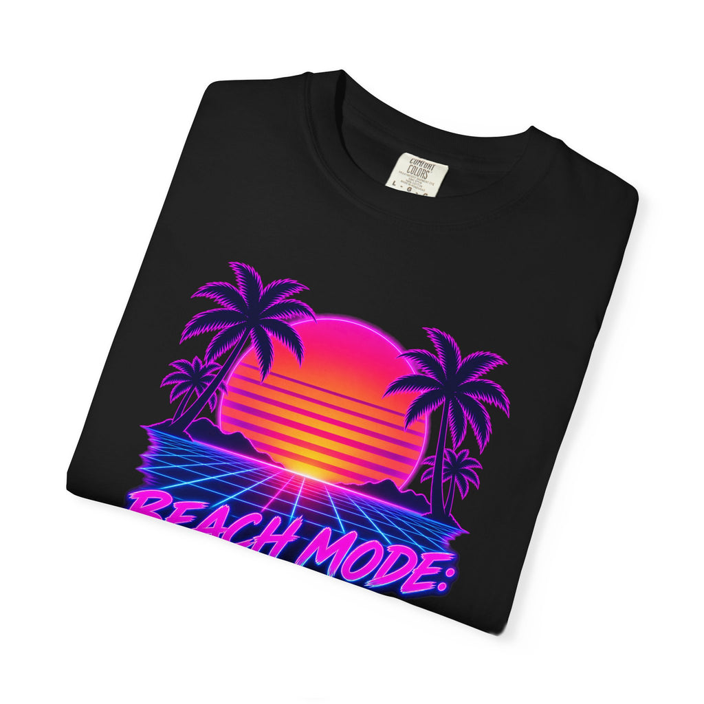Beach Mode On Tee | Synthwave Retro Sunset Shirt | 80s Neon Palm Tree T-Shirt | Comfort Colors Black