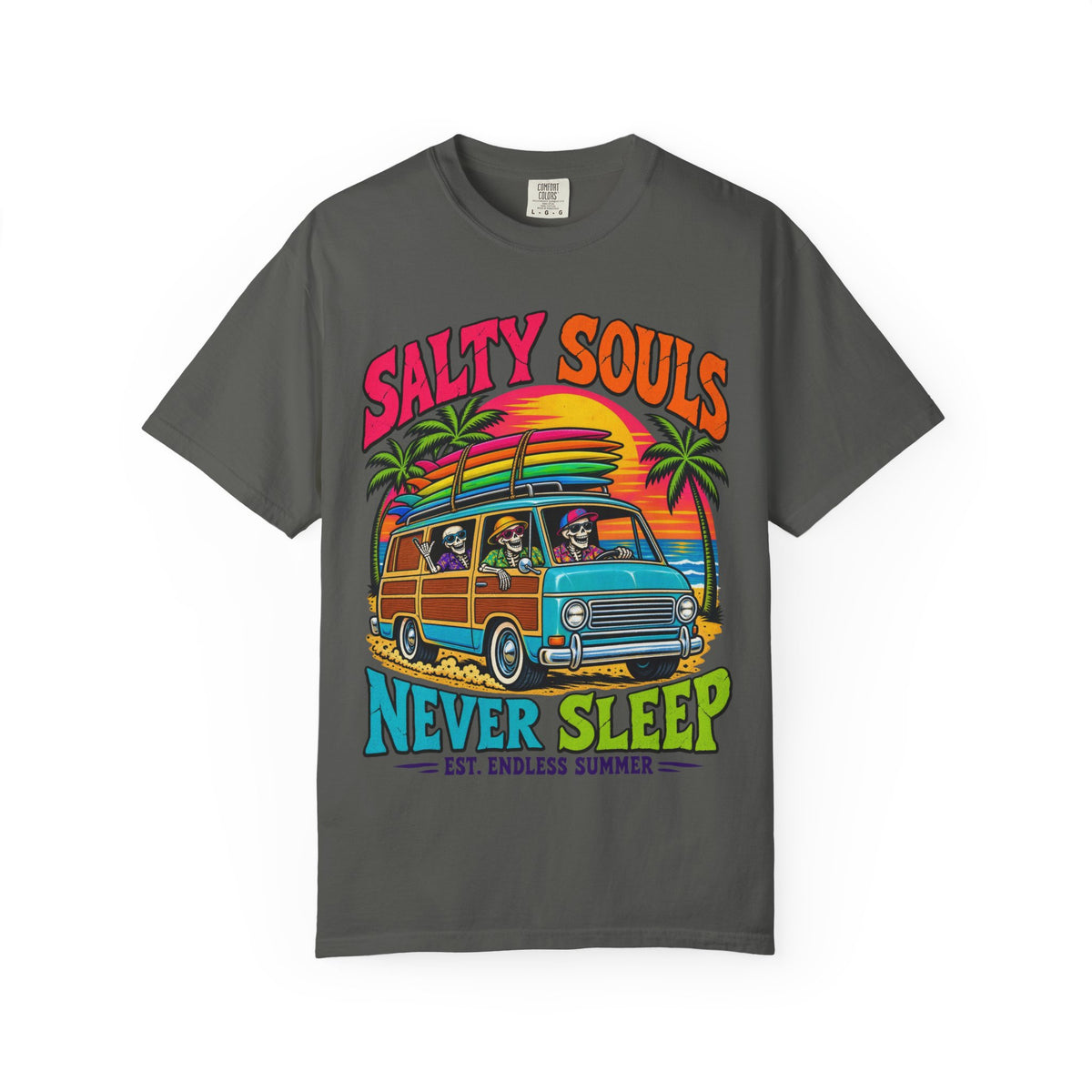 Salty Souls Never Sleep Tee | Skeleton Surf Van Shirt | Funny Retro Surf T-Shirt | Comfort Colors