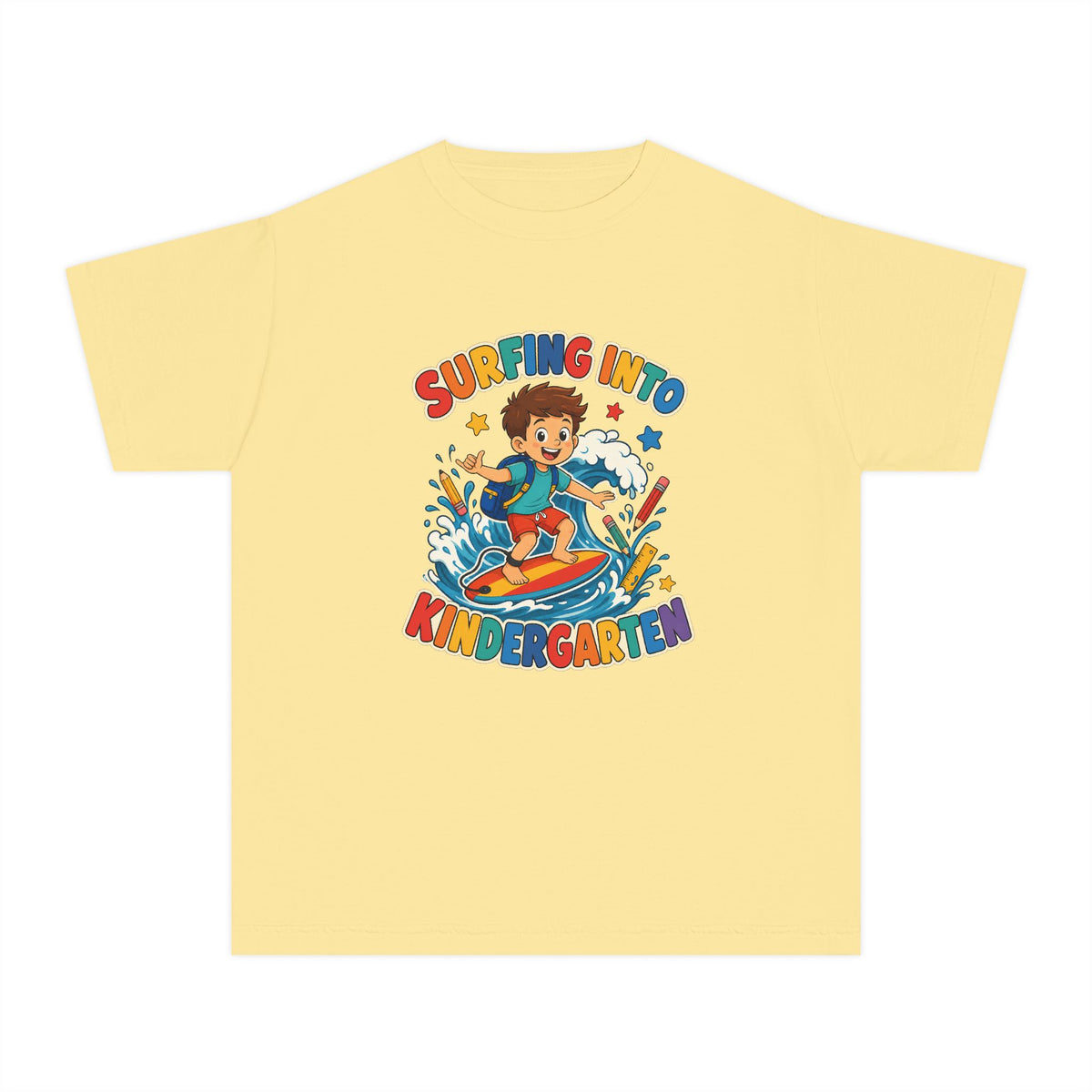 Surfing Into Kindergarten Kids Tee | Kindergarten Surf Shirt | Youth Beach T-Shirt | Surf Kid Gift