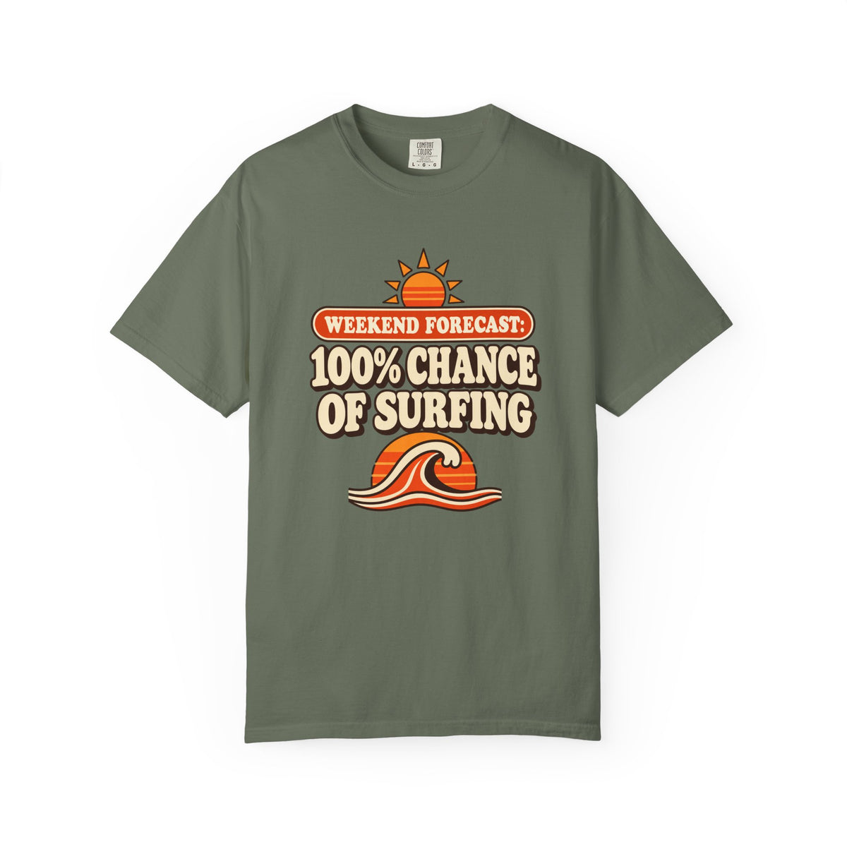Weekend Forecast 100% Chance Of Surfing Tee | Funny Surf Shirt | Retro Wave Surfer T-Shirt | Comfort Colors