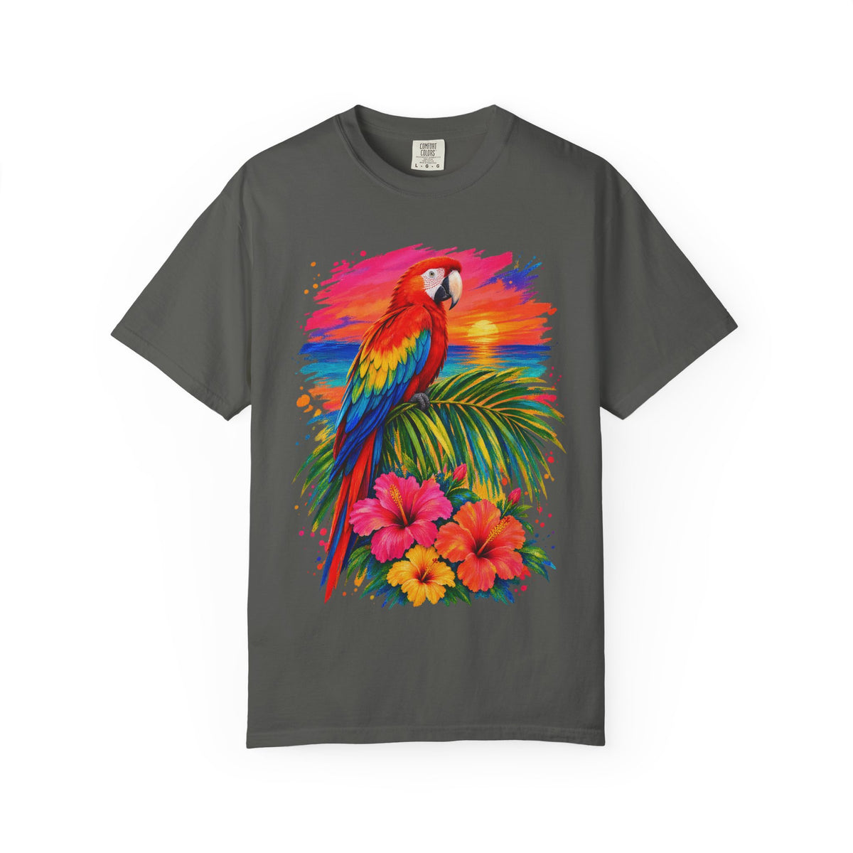 Macaw Parrot Sunset Shirt | Tropical Bird Hibiscus Tee | Comfort Colors T-Shirt