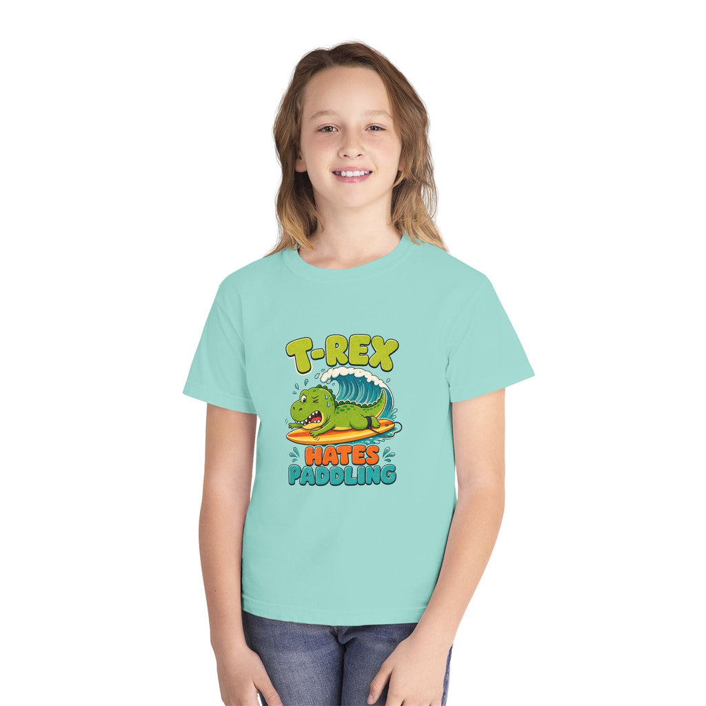 T-Rex Hates Paddling Kids Tee | Funny Dinosaur Kids Shirt | Youth Beach T-Shirt | Surf Kid Gift
