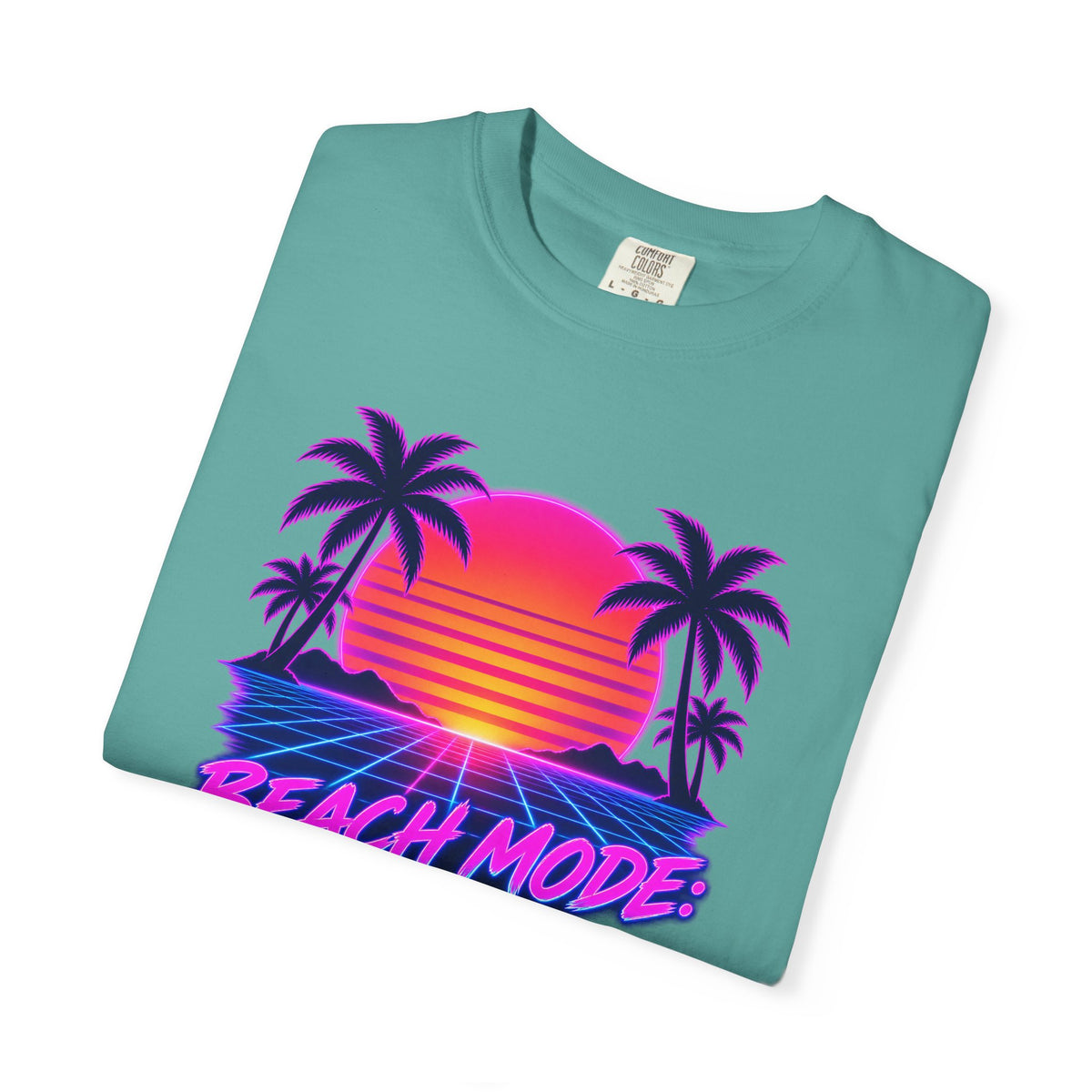 Beach Mode On Tee | Synthwave Retro Sunset Shirt | 80s Neon Palm Tree T-Shirt | Comfort Colors Black