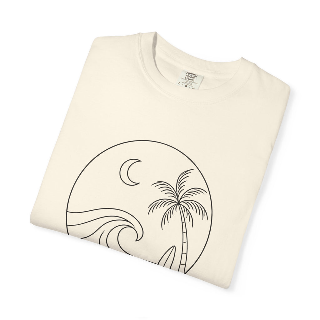 Moonlit Surf Line Art T-Shirt | Palm Tree Wave Circle Design
