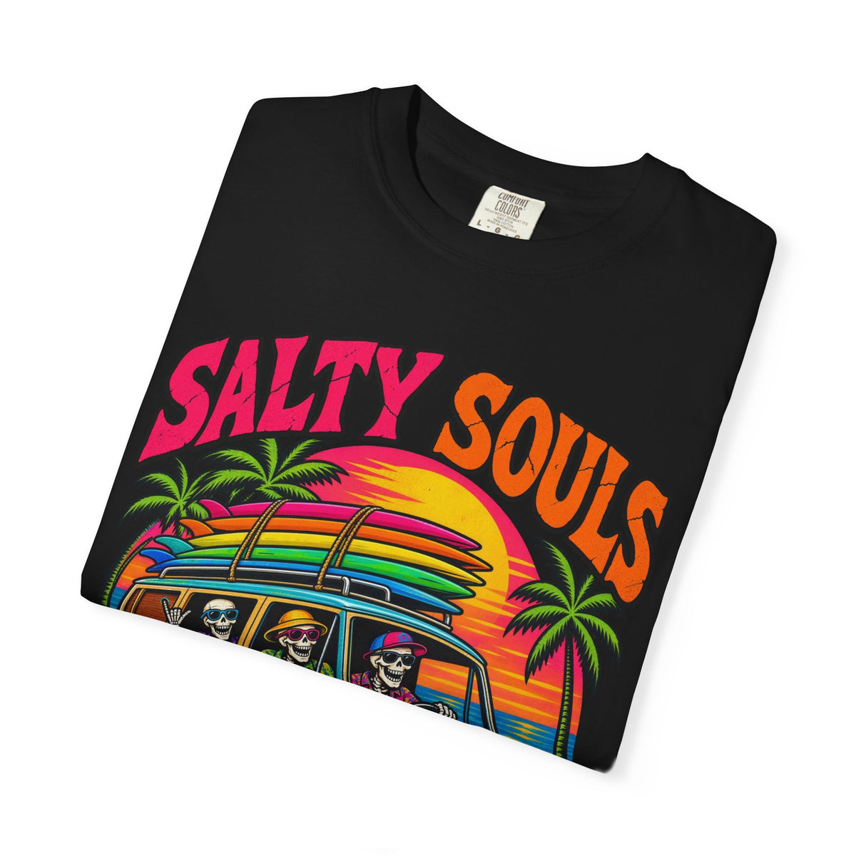 Salty Souls Never Sleep Tee | Skeleton Surf Van Shirt | Funny Retro Surf T-Shirt | Comfort Colors