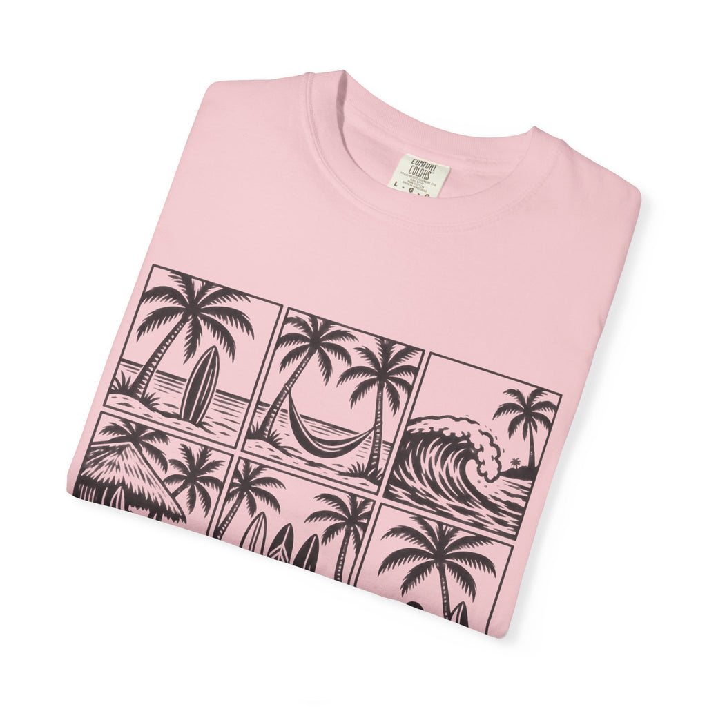 Woodcut Palm Grid Shirt | Tropical Surf Tiles Tee | Comfort Colors T-Shirt