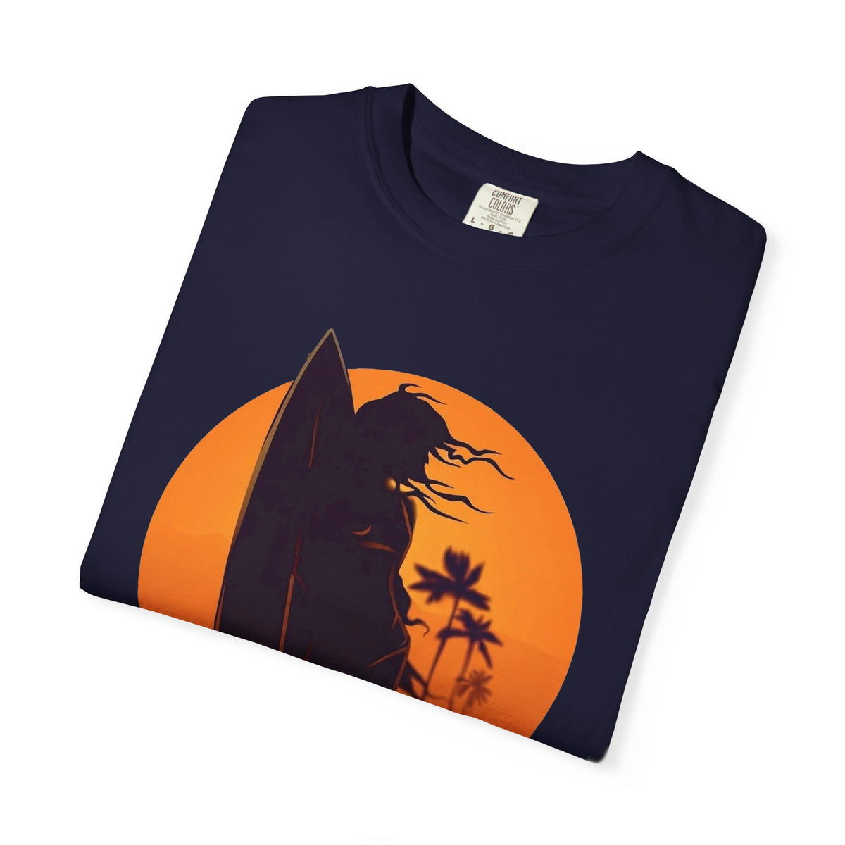 Sunset Surf Girl Tee | Retro Surfer Silhouette Shirt | Palm Tree Sunset Beach T-Shirt | Comfort Colors