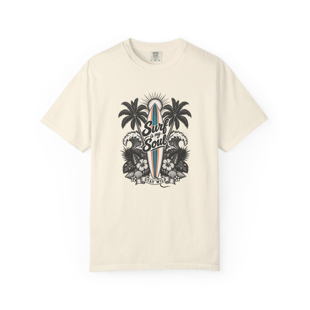 Surf Is My Soul Tee | Black & White Line Art Surf Shirt | Tropical Surfboard T-Shirt | Comfort Colors Gift