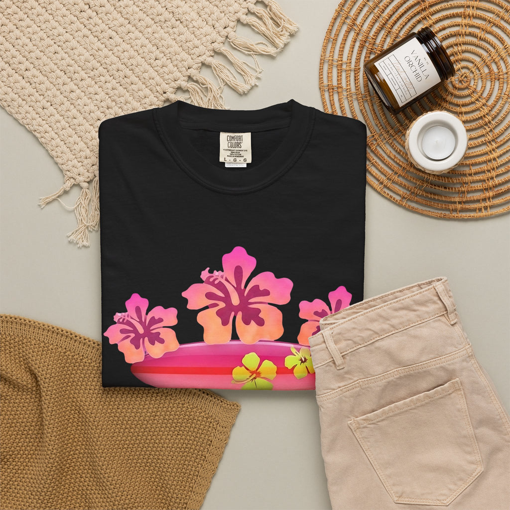 Hibiscus Surfboard Tee | Pink Hibiscus Surf Shirt | Tropical Surfer Girl T-Shirt | Comfort Colors