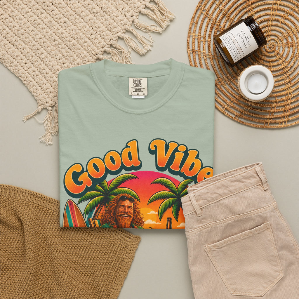 Good Vibes Surfer Graphic T-shirt | Retro Beach Sunset, Palm Trees