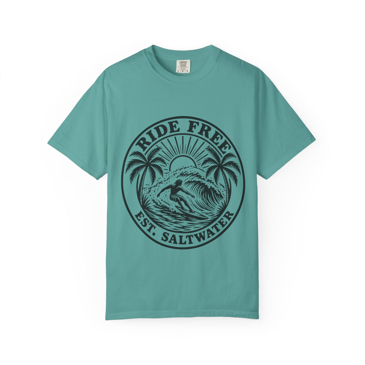 Ride Free Woodcut Surf Shirt | Est Saltwater Badge Tee | Comfort Colors T-Shirt