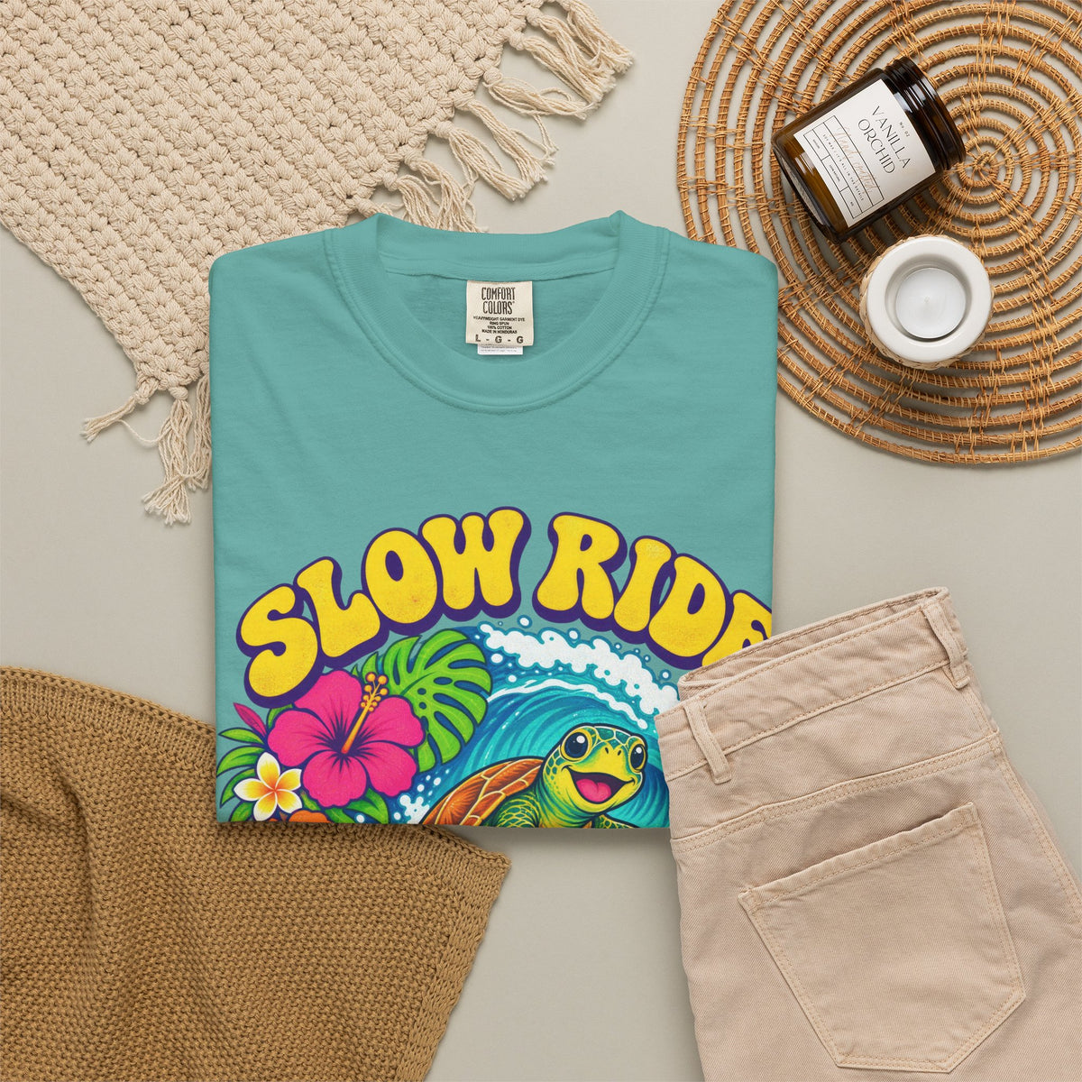Slow Ride Good Tide Tee | Sea Turtle Surf Shirt | Groovy 70s Beach T-Shirt | Comfort Colors