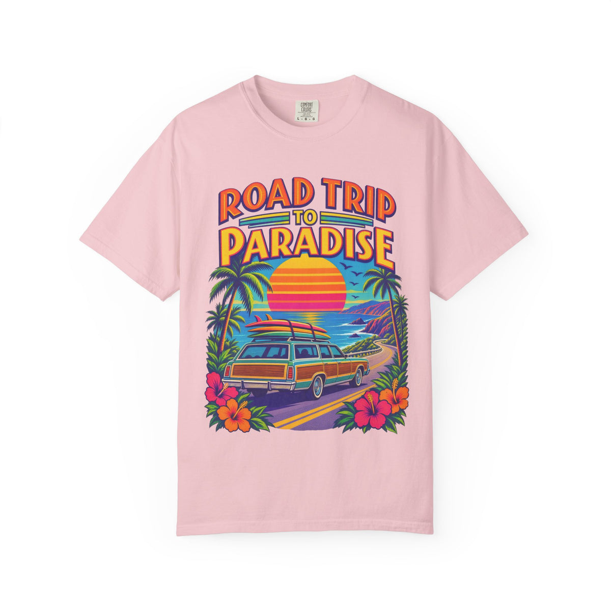 Road Trip To Paradise Tee | Retro Woodie Wagon Surf Shirt | Vintage Travel Poster T-Shirt | Comfort Colors