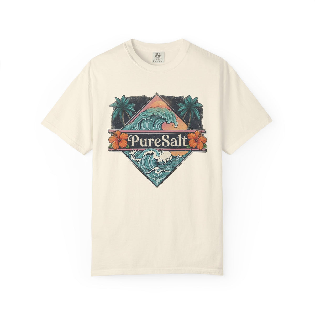 PureSalt Wave Badge Tee | Vintage Surf Wave Shirt | Retro Palm Tree Beach T-Shirt | Comfort Colors